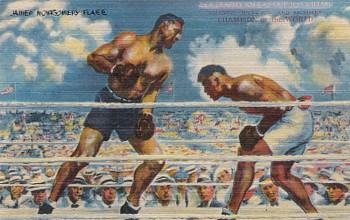 Featured is a postcard image of the James Montgomery Flagg (of Uncle Sam "I Want You Fame") painting of the boxing match where Jack Dempsey knocked out Jess Willard to become the Champion of the World.  The postcard was used as a promotional piece for Jack Dempsey's New York City restaurant.  The original postcard is for sale in The unltd.com Store.